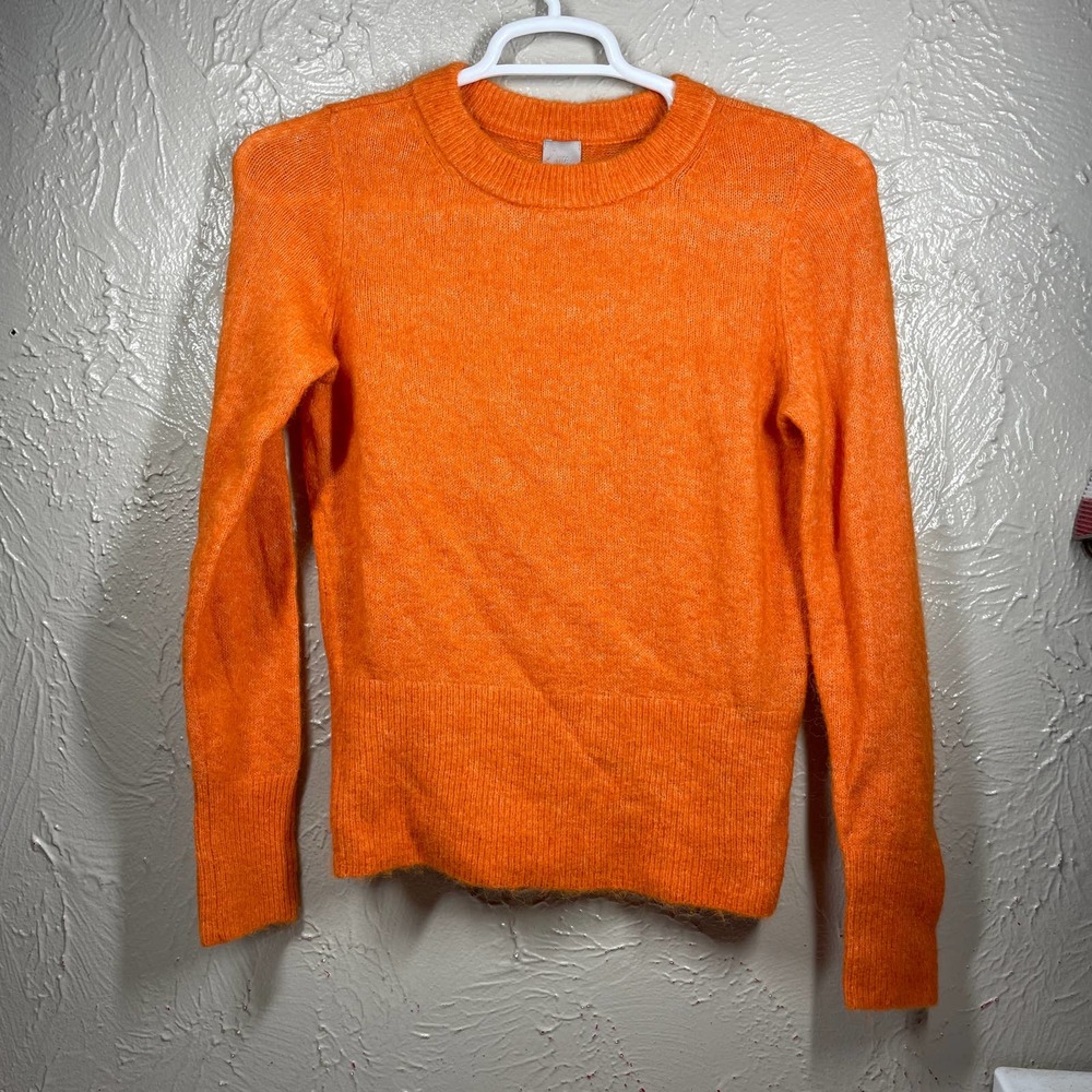 H&M Orange Crew Neck Alpaca Wool Blend‎ Knit Ribbed Fuzzy Sweater Womens Sz XS